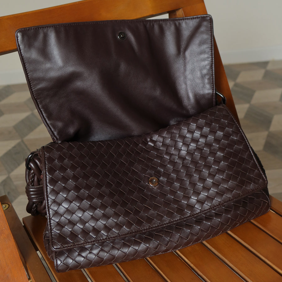 Bottega Veneta Vintage Dark Brown Intrecciato Double Flap Shoulder Bag