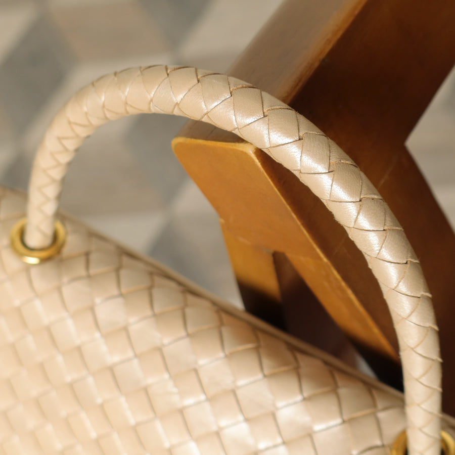 Vintage Bottega Veneta Shimmer Ivory Intrecciato Weave Top Handle Bag