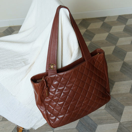 Chanel Vintage Brown Diamond quilted CC turn lock Shoulder Shopper Tote Bag