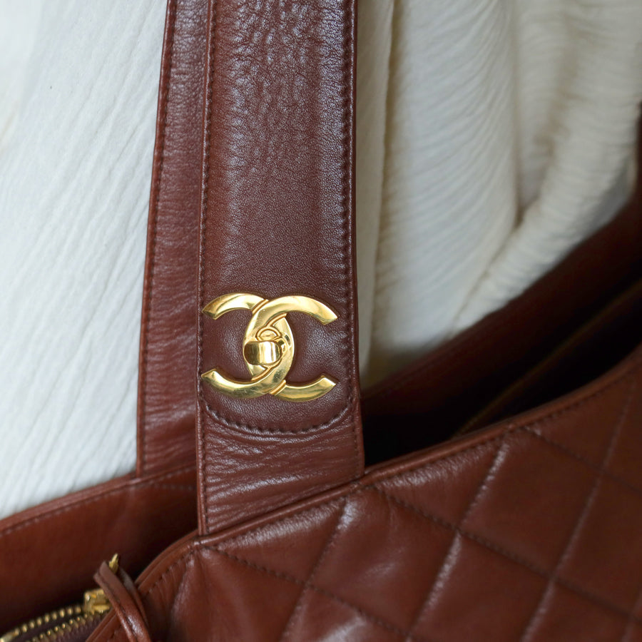 Chanel Vintage Brown Diamond quilted CC turn lock Shoulder Shopper Tote Bag