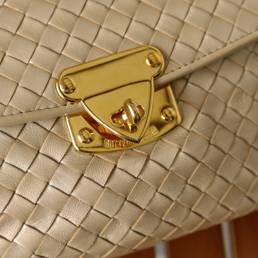 Vintage Bottega Veneta Shimmer Ivory Intrecciato Weave Top Handle Bag