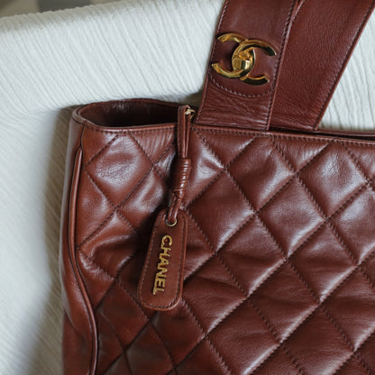 Chanel Vintage Brown Diamond quilted CC turn lock Shoulder Shopper Tote Bag
