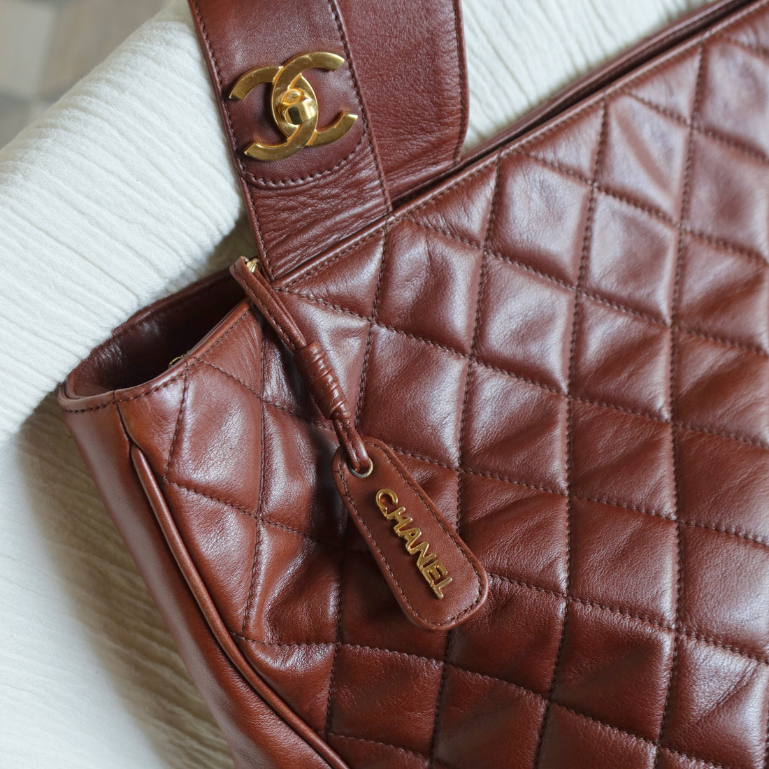 Chanel Vintage Brown Diamond quilted CC turn lock Shoulder Shopper Tote Bag