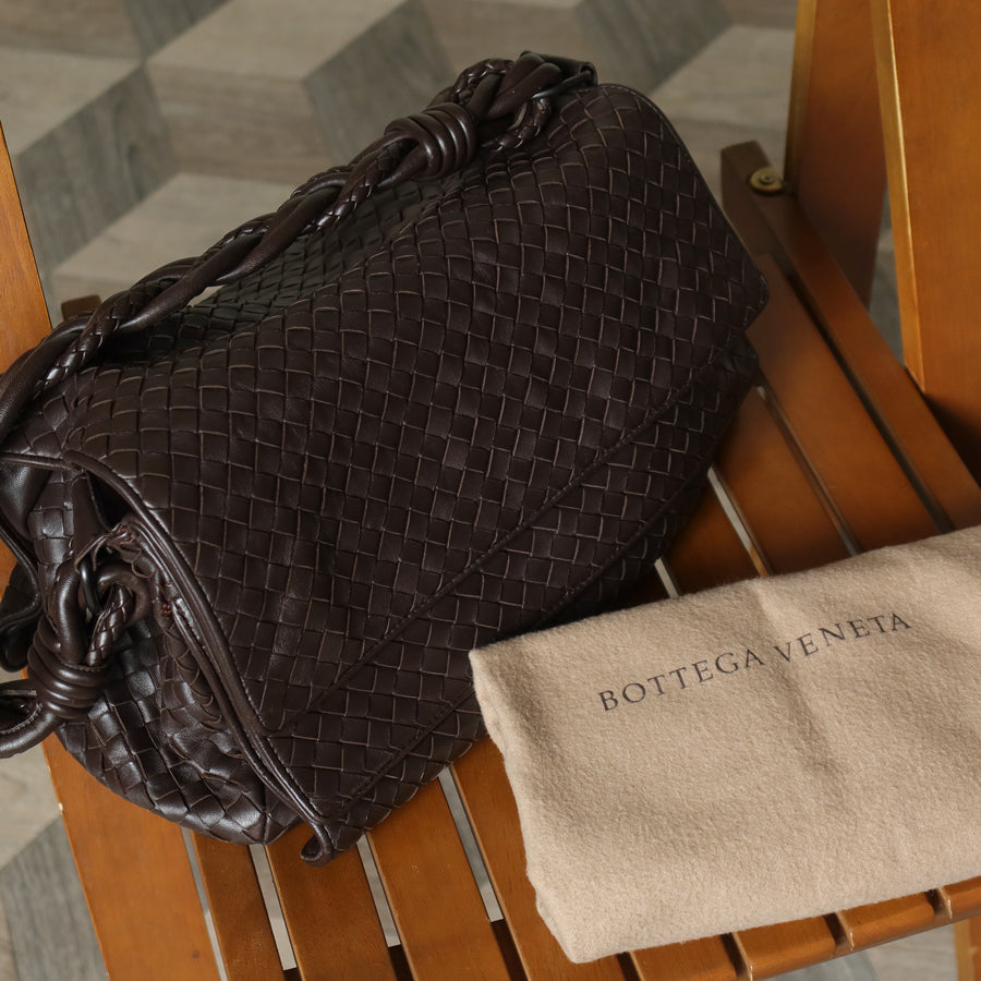Bottega Veneta Vintage Dark Brown Intrecciato Double Flap Shoulder Bag