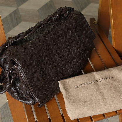 Bottega Veneta Vintage Dark Brown Intrecciato Double Flap Shoulder Bag