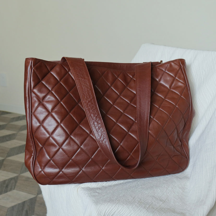 Chanel Vintage Brown Diamond quilted CC turn lock Shoulder Shopper Tote Bag