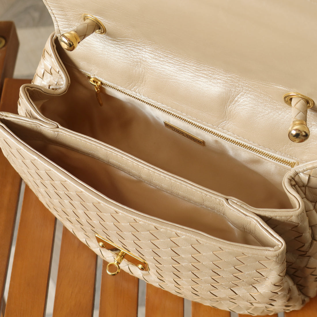 Vintage Bottega Veneta Shimmer Ivory Intrecciato Weave Top Handle Bag