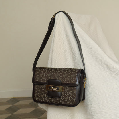 Celine Vintage Dark Brown Triomphe Horse Carriage C Sulky Shoulder Bag