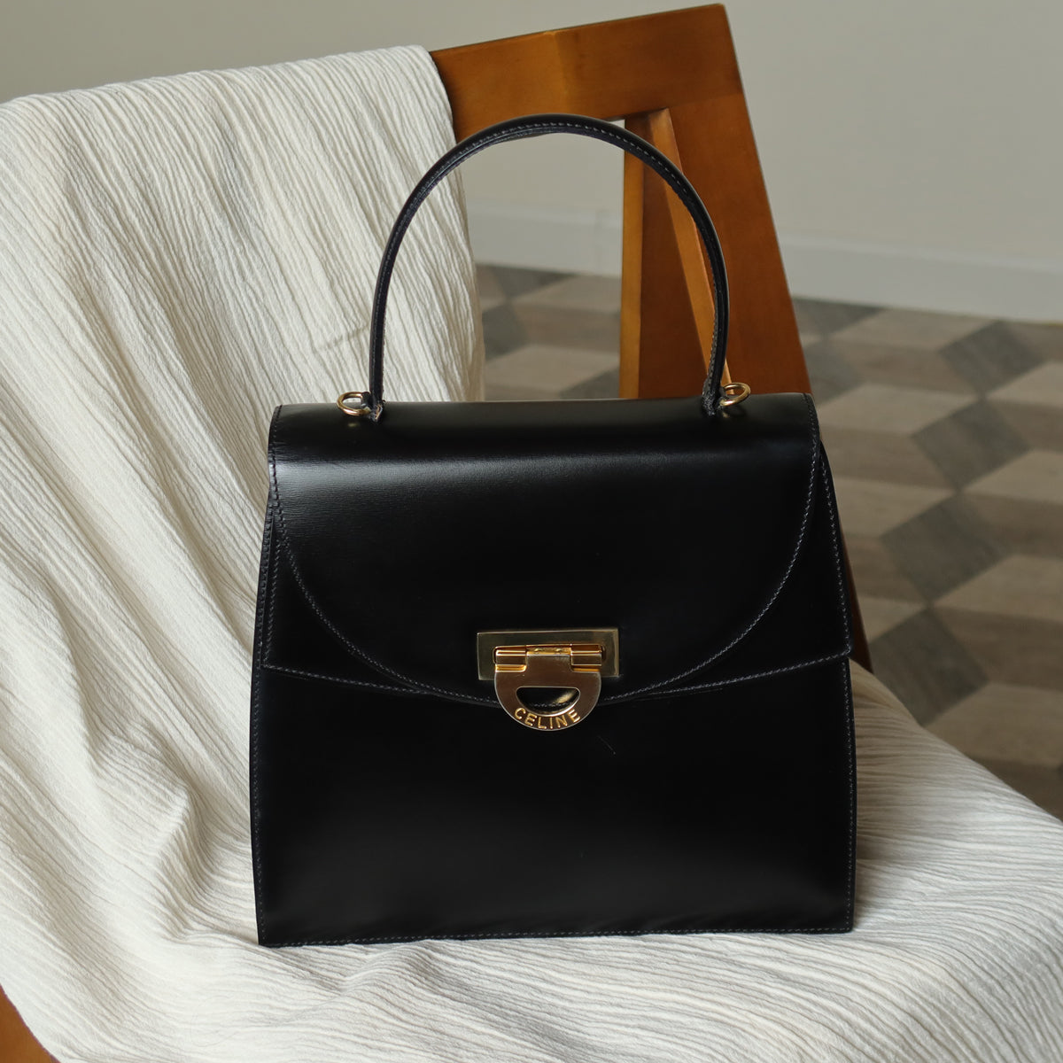 Celine Vintage Black Leather Gold Buckle Double Flap 2 way Bag