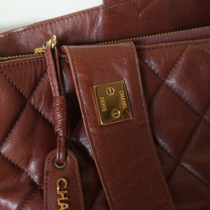 Chanel Vintage Brown Diamond quilted CC turn lock Shoulder Shopper Tote Bag