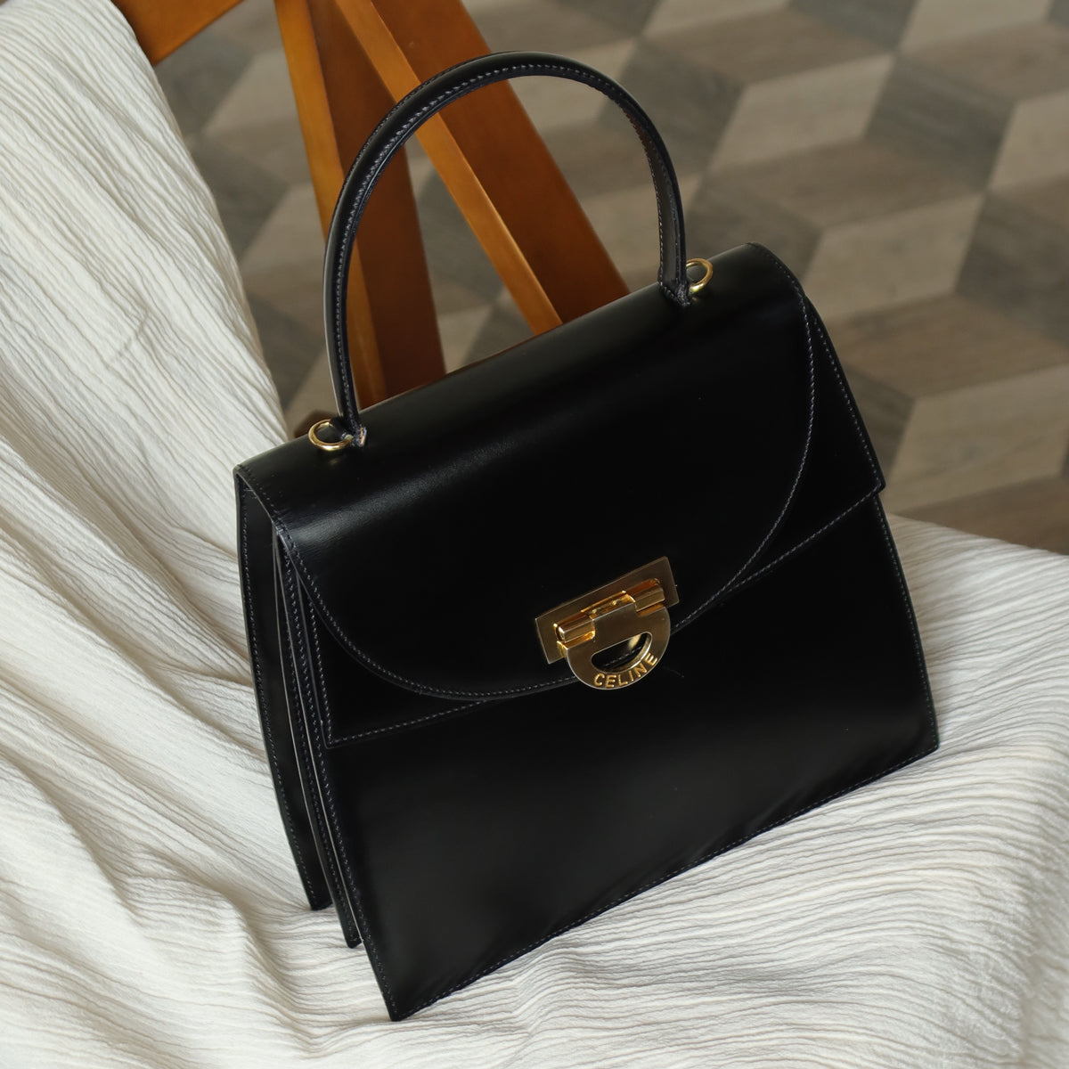 Celine Vintage Black Leather Gold Buckle Double Flap 2 way Bag