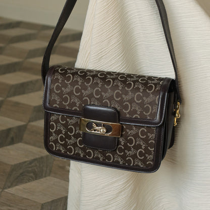 Celine Vintage Dark Brown Triomphe Horse Carriage C Sulky Shoulder Bag