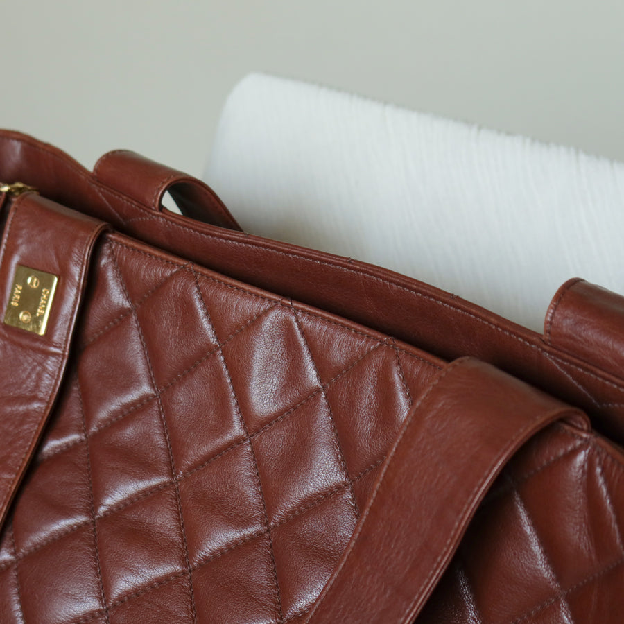 Chanel Vintage Brown Diamond quilted CC turn lock Shoulder Shopper Tote Bag