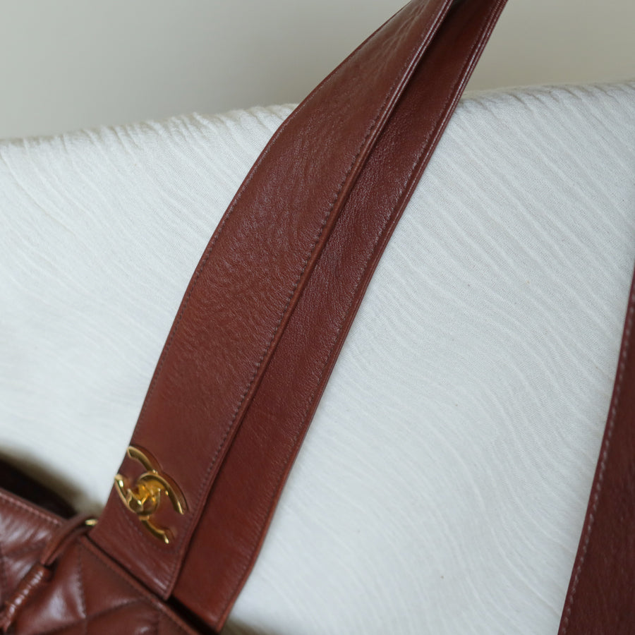 Chanel Vintage Brown Diamond quilted CC turn lock Shoulder Shopper Tote Bag