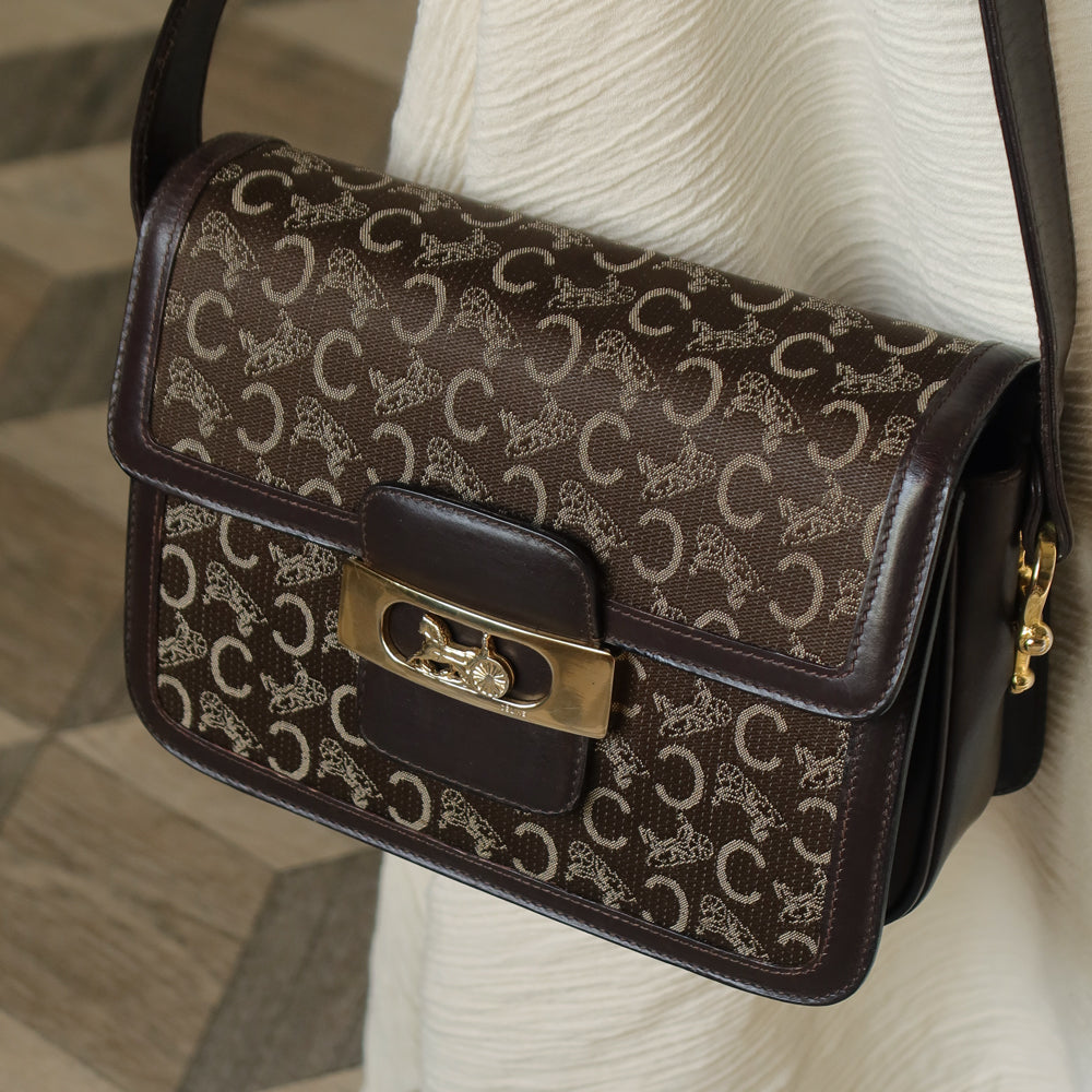 Celine Vintage Dark Brown Triomphe Horse Carriage C Sulky Shoulder Bag