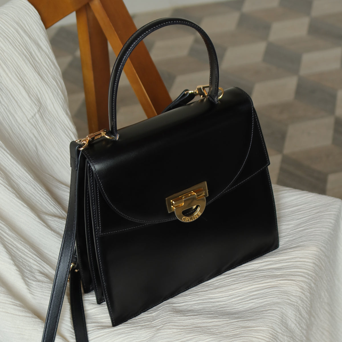 Celine Vintage Black Leather Gold Buckle Double Flap 2 way Bag