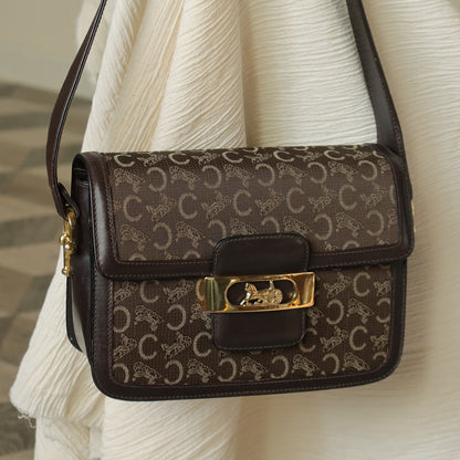 Celine Vintage Dark Brown Triomphe Horse Carriage C Sulky Shoulder Bag