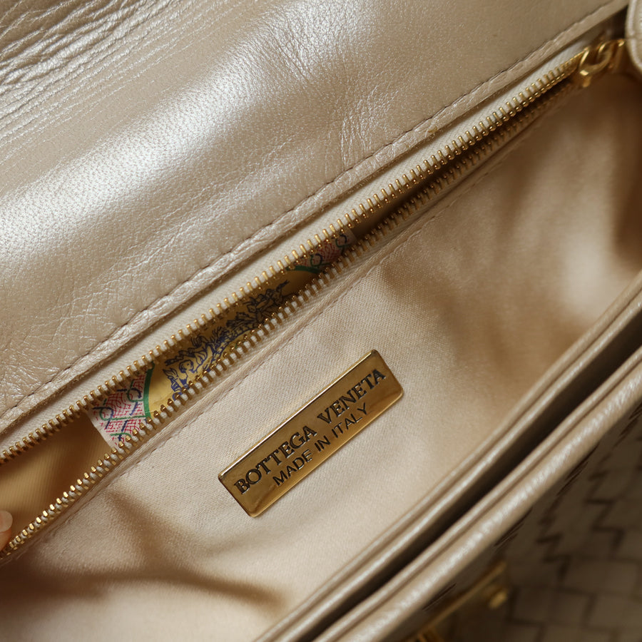 Vintage Bottega Veneta Shimmer Ivory Intrecciato Weave Top Handle Bag