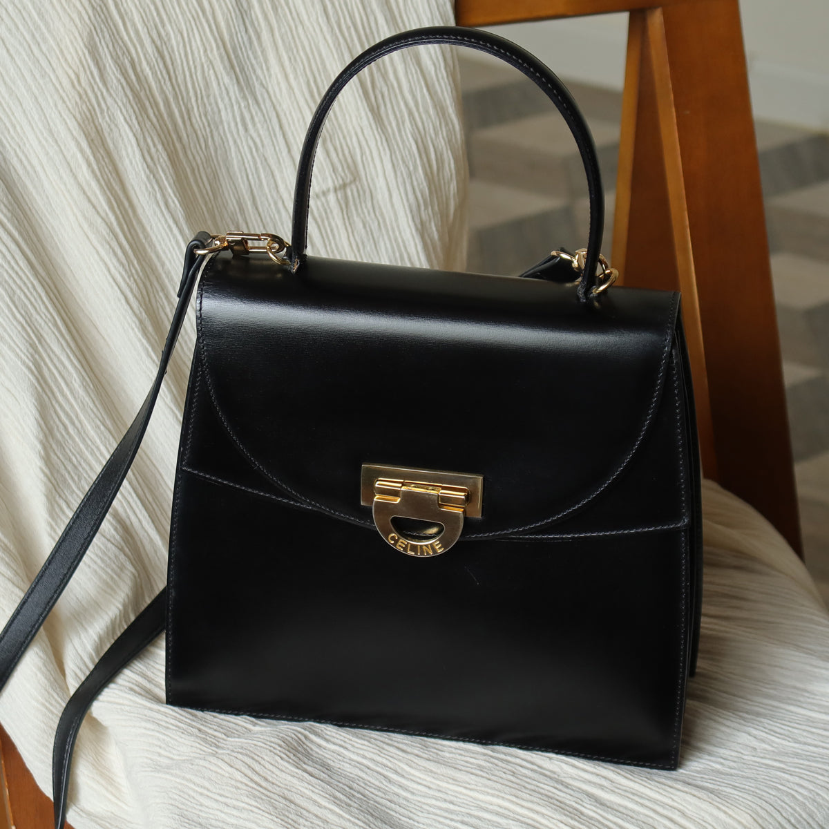 Celine Vintage Black Leather Gold Buckle Double Flap 2 way Bag