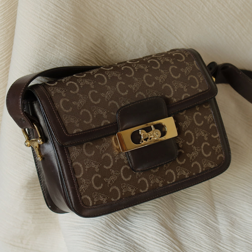Celine Vintage Dark Brown Triomphe Horse Carriage C Sulky Shoulder Bag