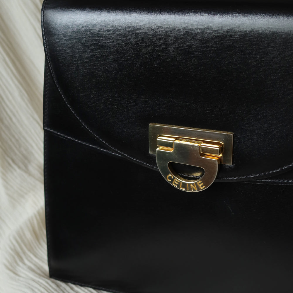 Celine Vintage Black Leather Gold Buckle Double Flap 2 way Bag