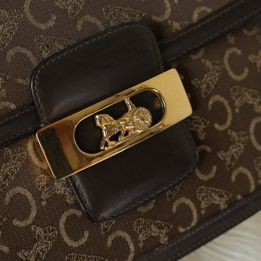 Celine Vintage Dark Brown Triomphe Horse Carriage C Sulky Shoulder Bag