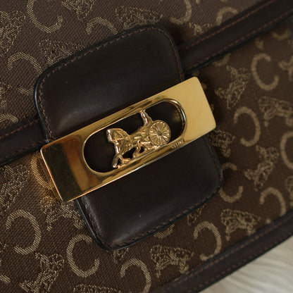 Celine Vintage Dark Brown Triomphe Horse Carriage C Sulky Shoulder Bag