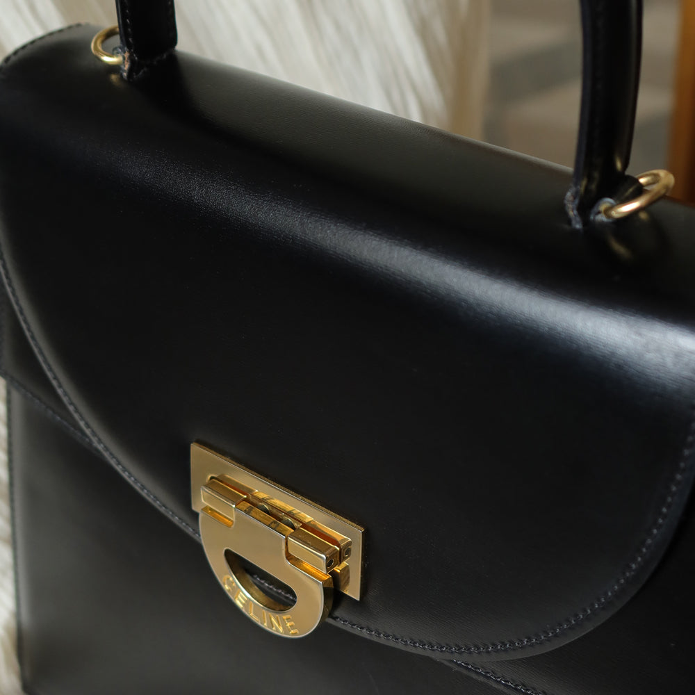 Celine Vintage Black Leather Gold Buckle Double Flap 2 way Bag