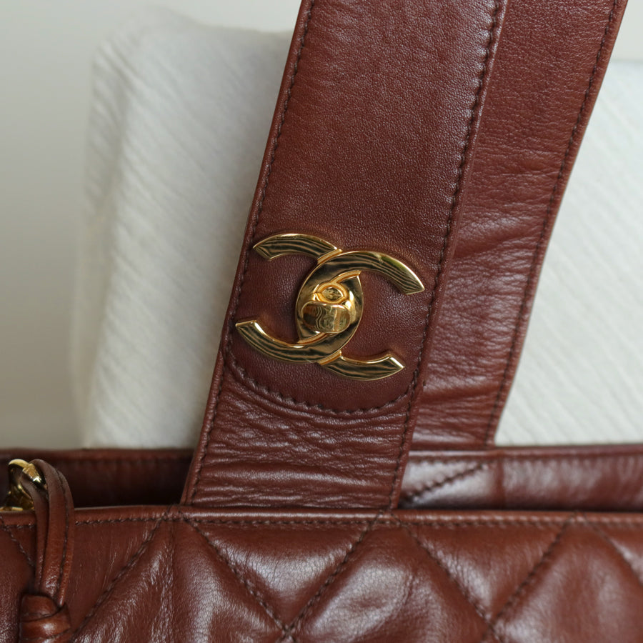 Chanel Vintage Brown Diamond quilted CC turn lock Shoulder Shopper Tote Bag