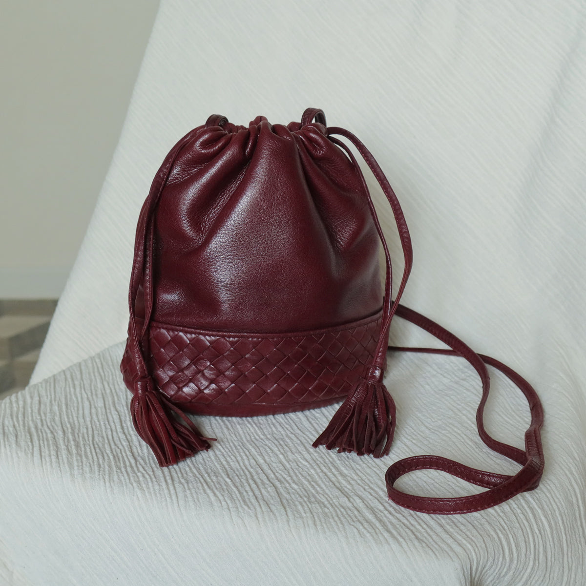 Bottega Veneta Vintage Maroon Intrecciato Weave Leather Draw String Bucket Bag