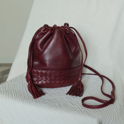 Bottega Veneta Vintage Maroon Intrecciato Weave Leather Draw String Bucket Bag