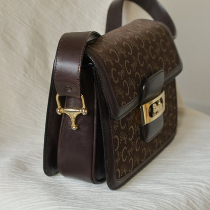 Celine Vintage Dark Brown Triomphe Horse Carriage C Sulky Shoulder Bag