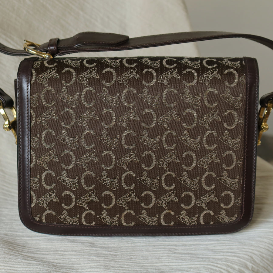 Celine Vintage Dark Brown Triomphe Horse Carriage C Sulky Shoulder Bag