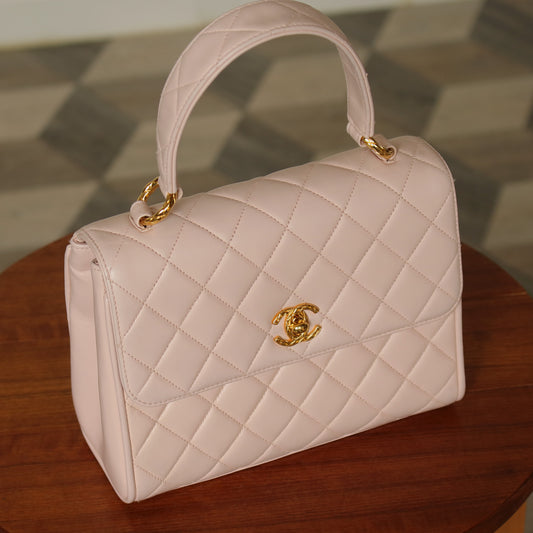 Rare Vintage Chanel Matelassé Pink Lambskin Leather CC Turn lock Top Handle Flap Bag