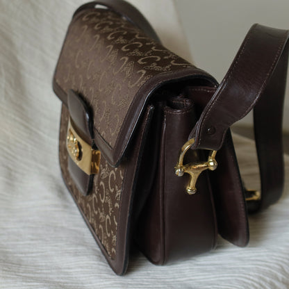 Celine Vintage Dark Brown Triomphe Horse Carriage C Sulky Shoulder Bag