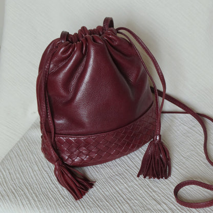 Bottega Veneta Vintage Maroon Intrecciato Weave Leather Draw String Bucket Bag
