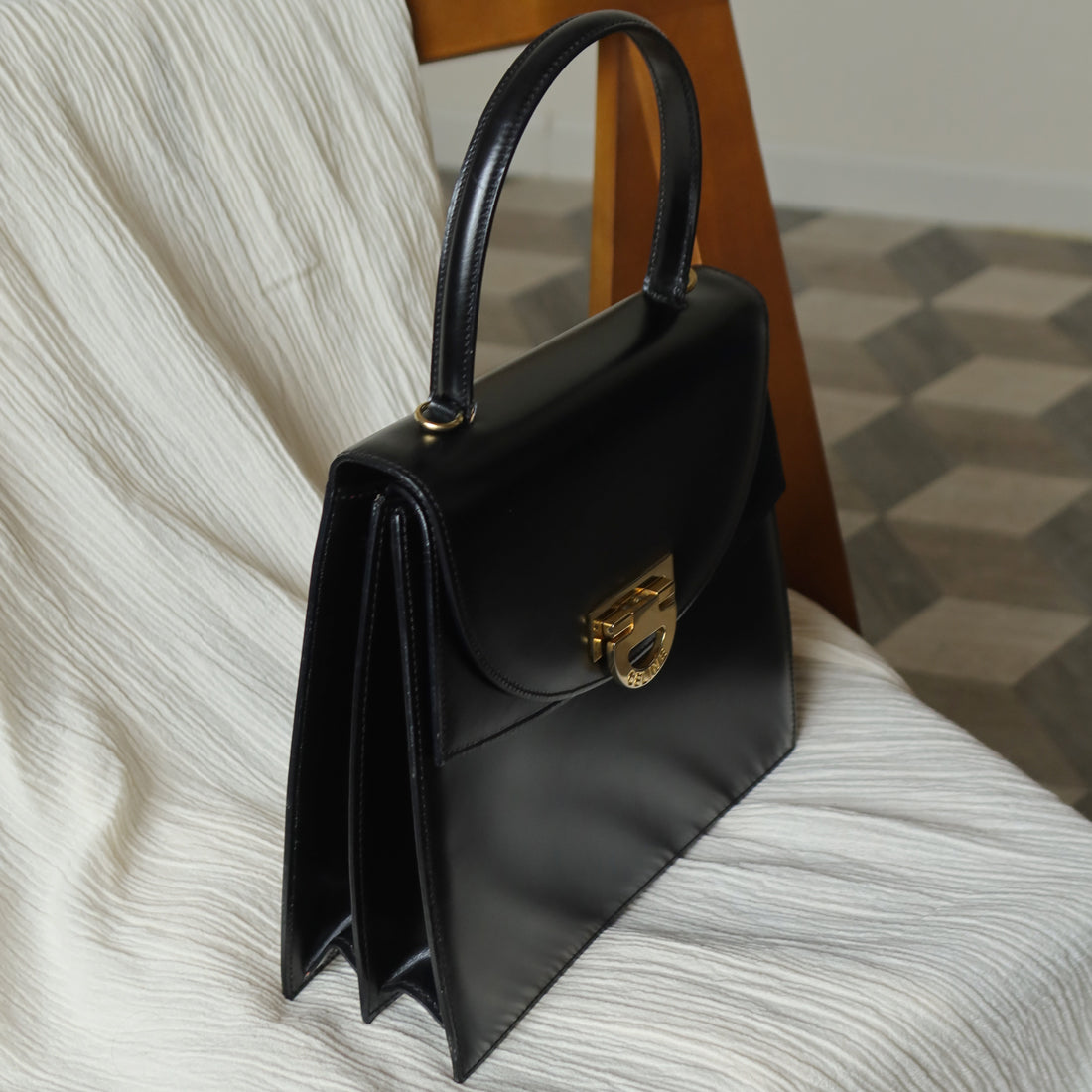 Celine Vintage Black Leather Gold Buckle Double Flap 2 way Bag