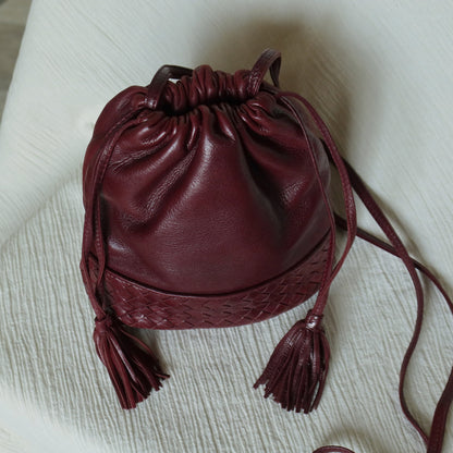 Bottega Veneta Vintage Maroon Intrecciato Weave Leather Draw String Bucket Bag