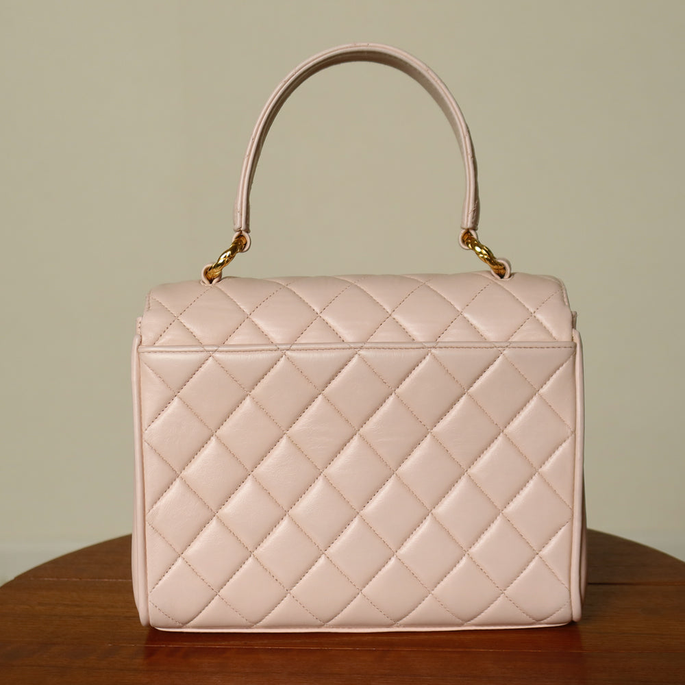 Rare Vintage Chanel Matelassé Pink Lambskin Leather CC Turn lock Top Handle Flap Bag
