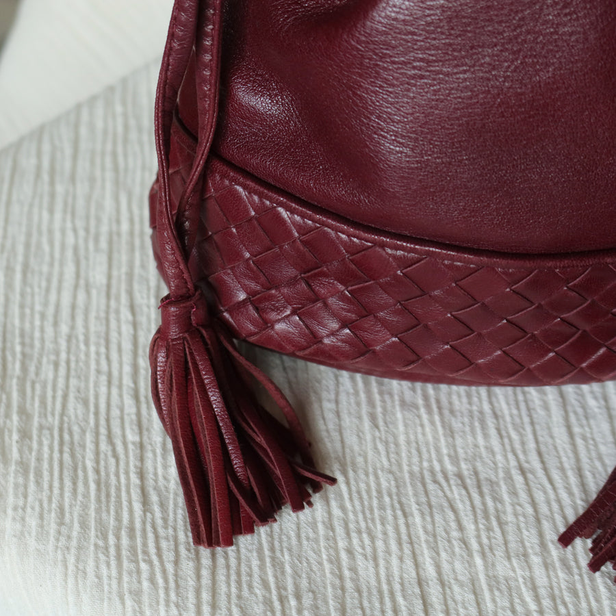 Bottega Veneta Vintage Maroon Intrecciato Weave Leather Draw String Bucket Bag