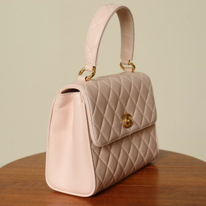Rare Vintage Chanel Matelassé Pink Lambskin Leather CC Turn lock Top Handle Flap Bag