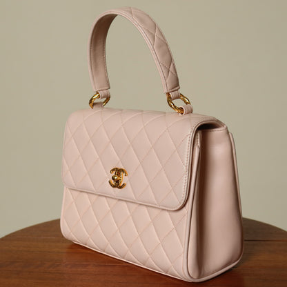 Rare Vintage Chanel Matelassé Pink Lambskin Leather CC Turn lock Top Handle Flap Bag