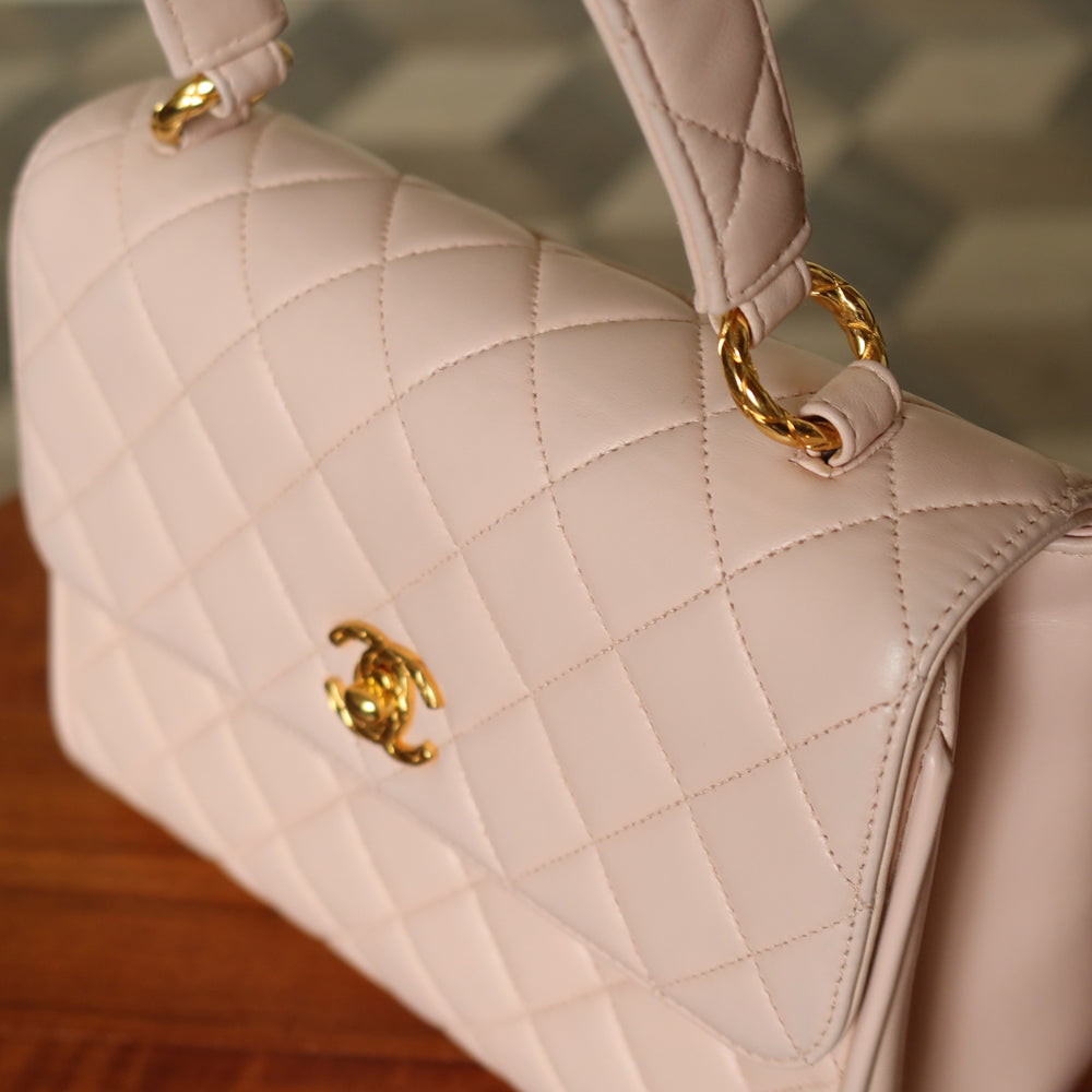 Rare Vintage Chanel Matelassé Pink Lambskin Leather CC Turn lock Top Handle Flap Bag