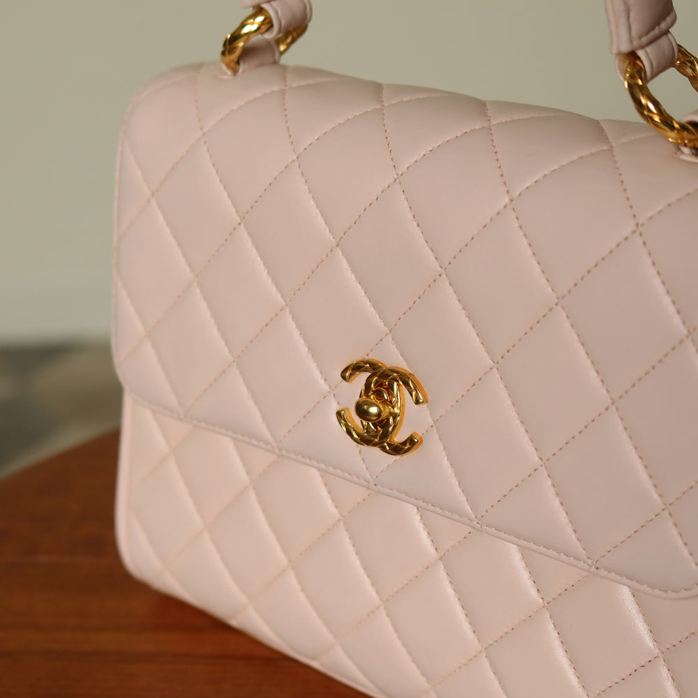 Rare Vintage Chanel Matelassé Pink Lambskin Leather CC Turn lock Top Handle Flap Bag