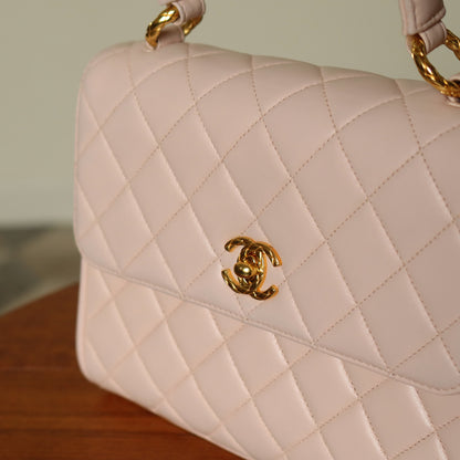 Rare Vintage Chanel Matelassé Pink Lambskin Leather CC Turn lock Top Handle Flap Bag