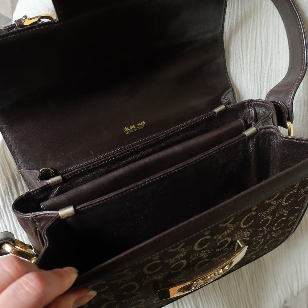 Celine Vintage Dark Brown Triomphe Horse Carriage C Sulky Shoulder Bag