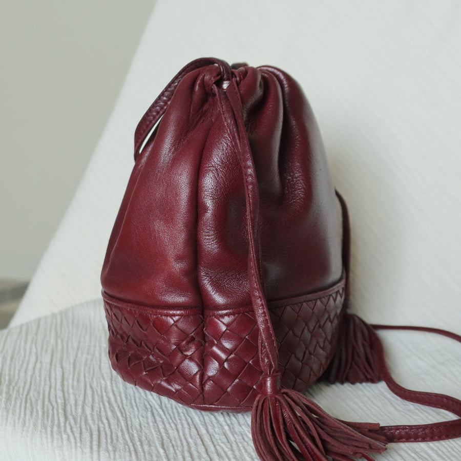 Bottega Veneta Vintage Maroon Intrecciato Weave Leather Draw String Bucket Bag