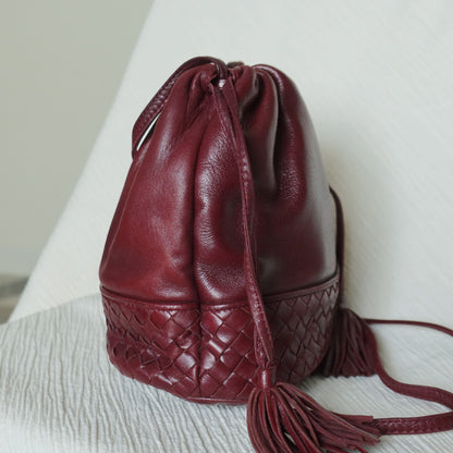 Bottega Veneta Vintage Maroon Intrecciato Weave Leather Draw String Bucket Bag