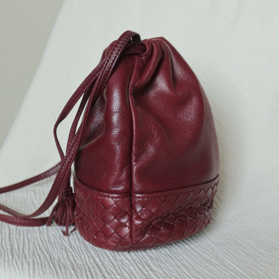Bottega Veneta Vintage Maroon Intrecciato Weave Leather Draw String Bucket Bag