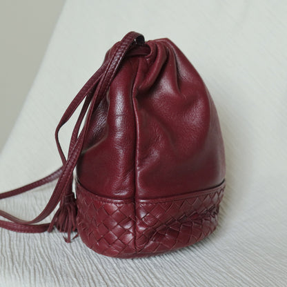 Bottega Veneta Vintage Maroon Intrecciato Weave Leather Draw String Bucket Bag